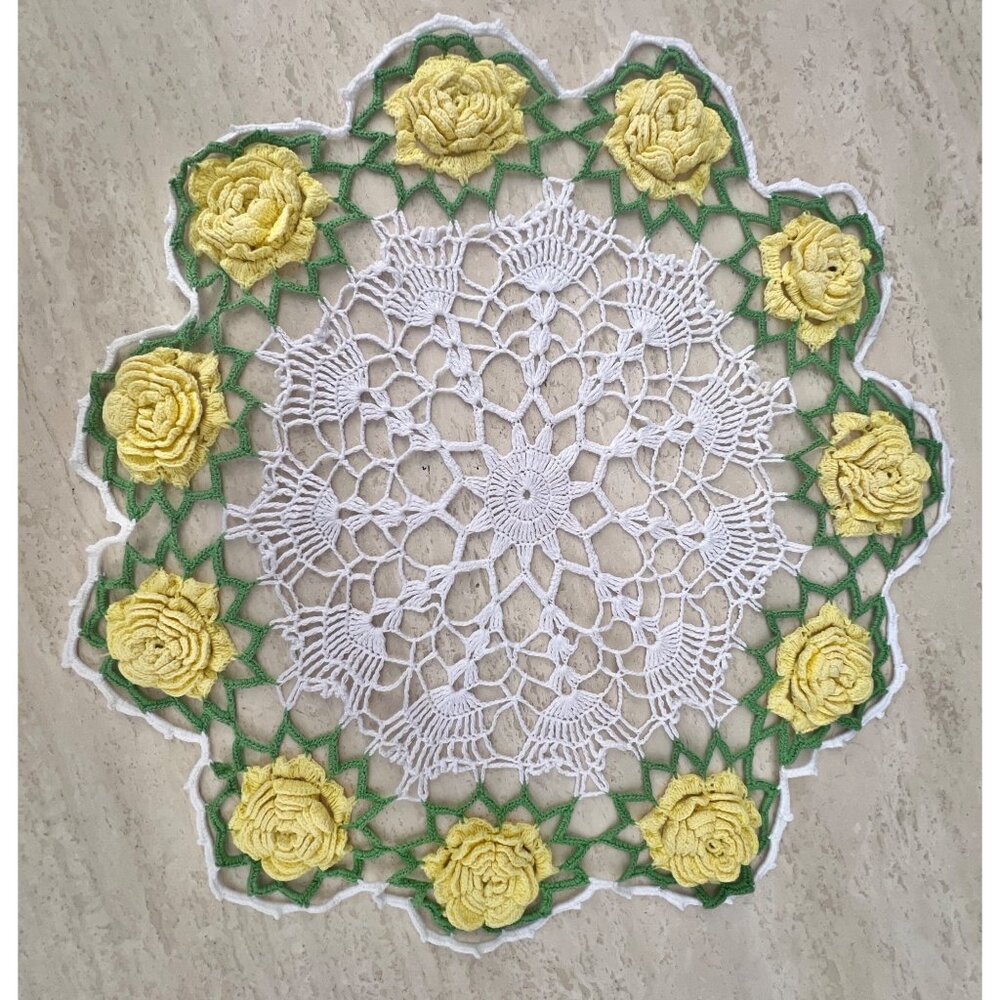 Hand Crocheted Doily With Yellow Roses & White Center 22" D Vintage Wedding Gift